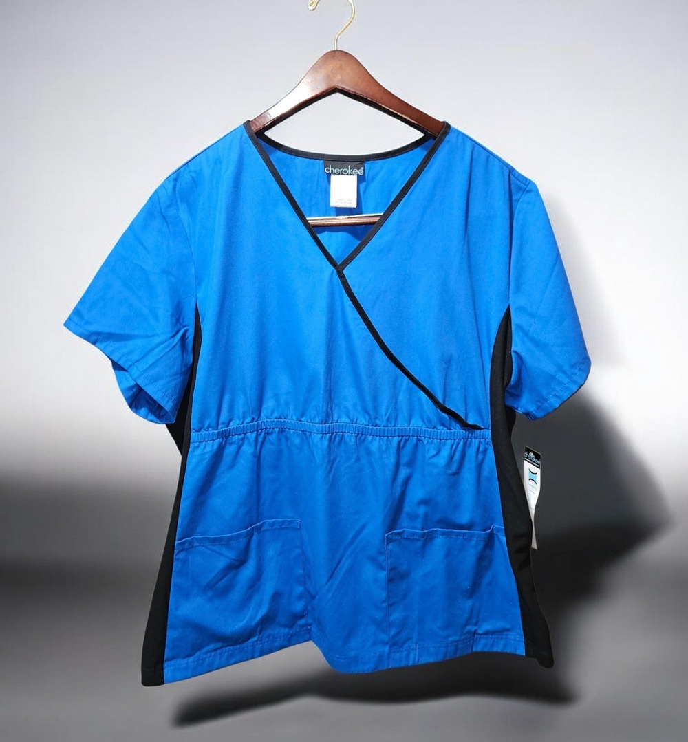 Cherokee Flexibles Mock Wrap Scrub Top Womens 2XL Royal Blue Black New With Tags